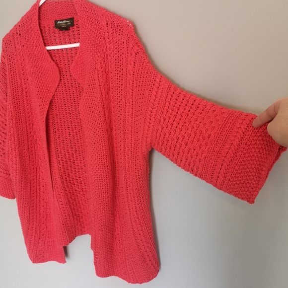 100% Linen Eddie Bauer Open Front Knit Cardigan Bright Coral 3/4 sleeve Size M - Picture 5 of 11